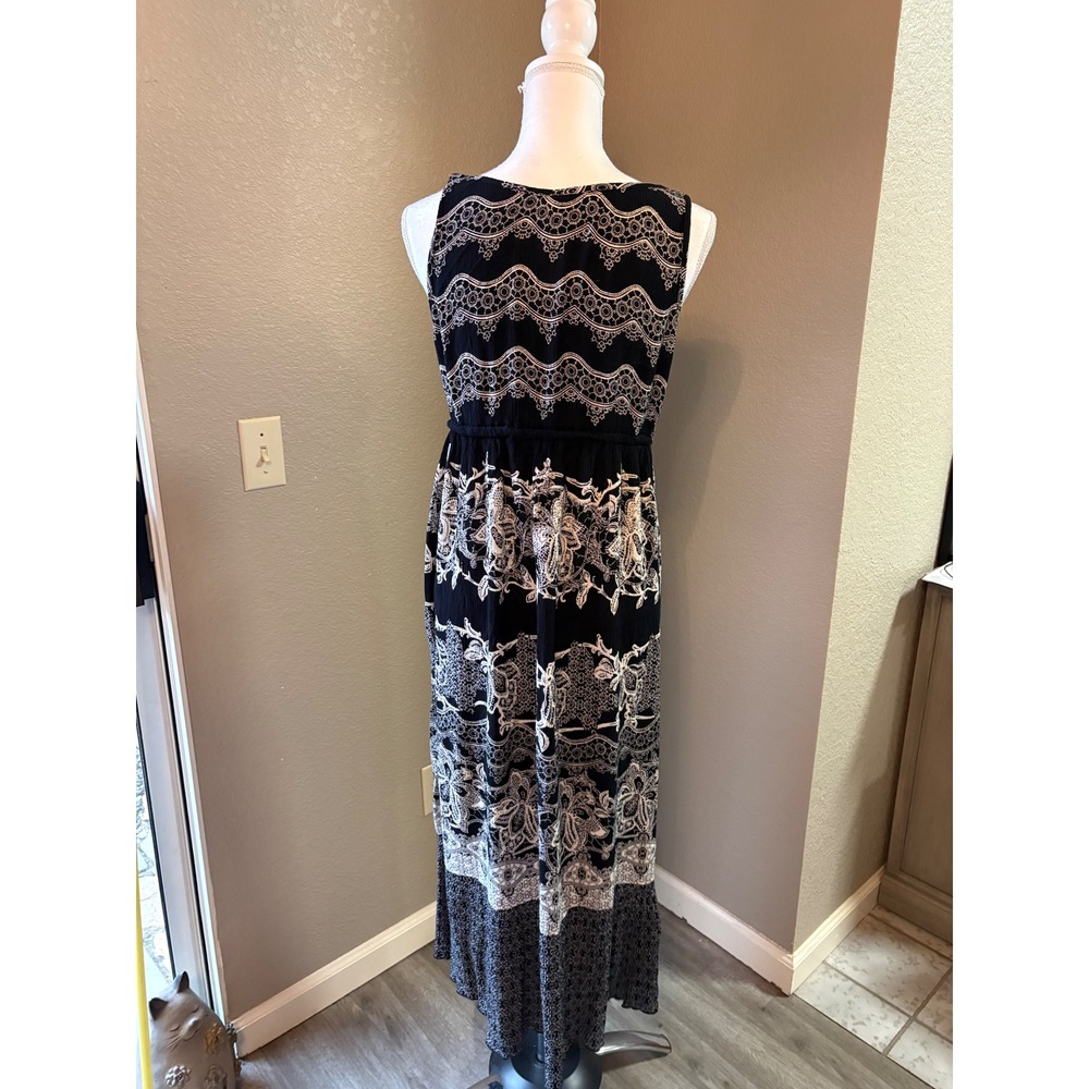 Bila Womens Black White Paisley Crochet Neck Maxi Dress Large Boho - Picture 3 of 8